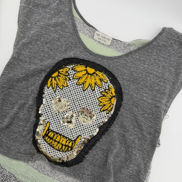 The Clasic Tops - The Clas-sic Y2K Skull Sequin Sunflower Graphic Tank Top Women Made in USA Small